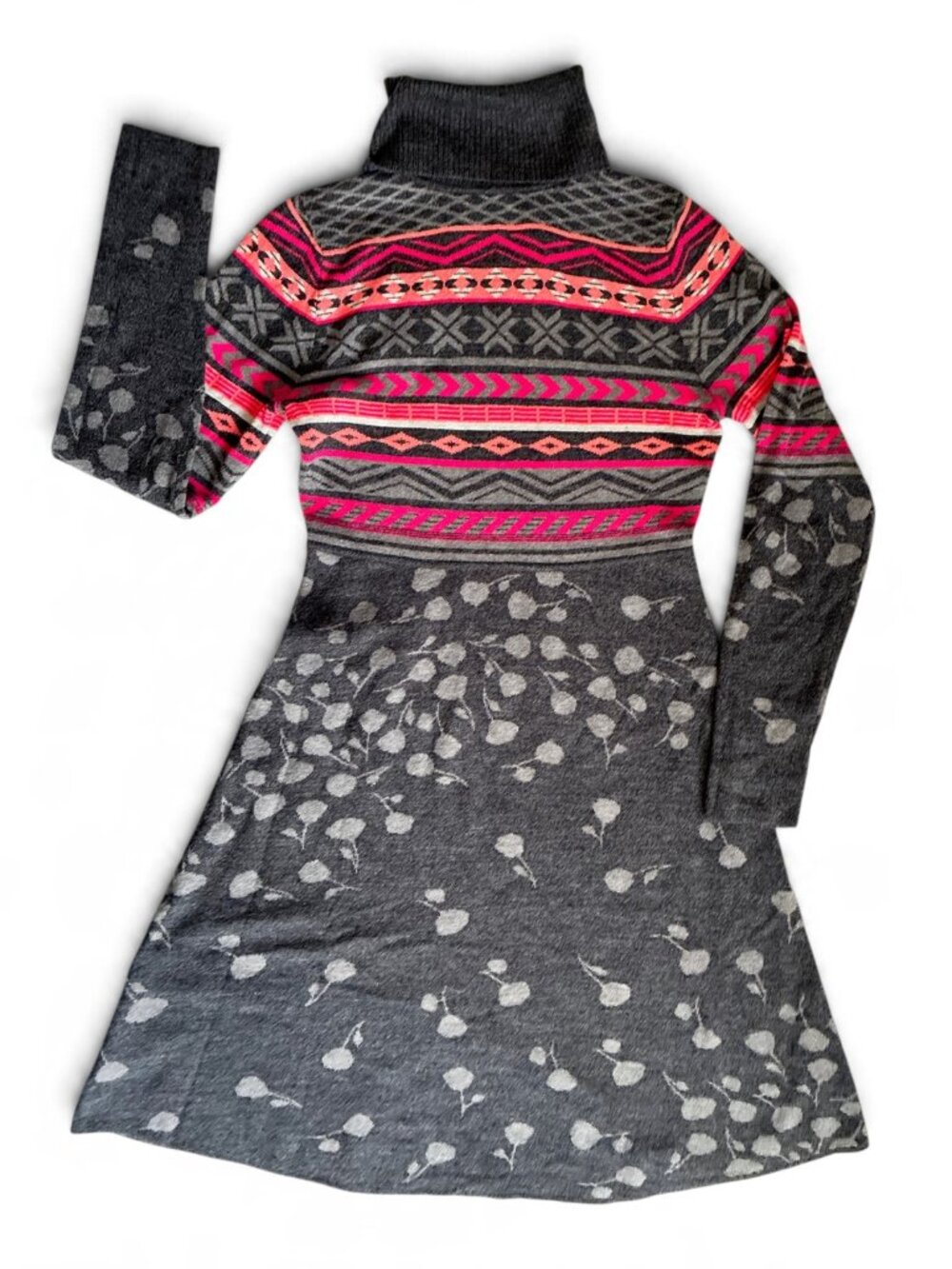 Krimson Klover Fair Isle Merino Wool Turtleneck Sweater Dress - S - Grey/Pink